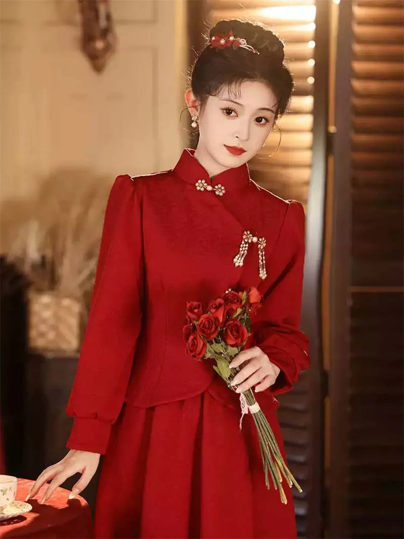 Qipao for Wedding | Red Bridal Chinese Dress Set Autumn Winter Thickened