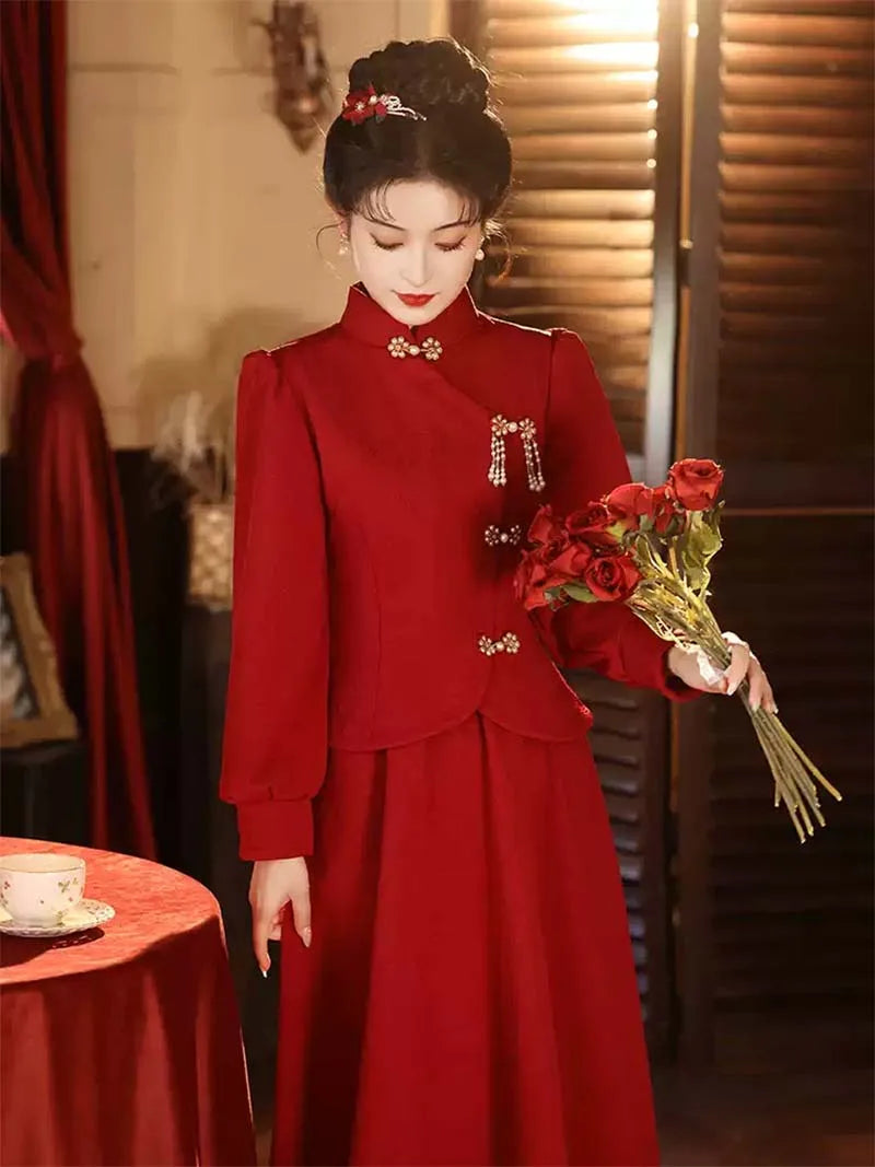 Qipao for Wedding | Red Bridal Chinese Dress Set Autumn Winter Thickened