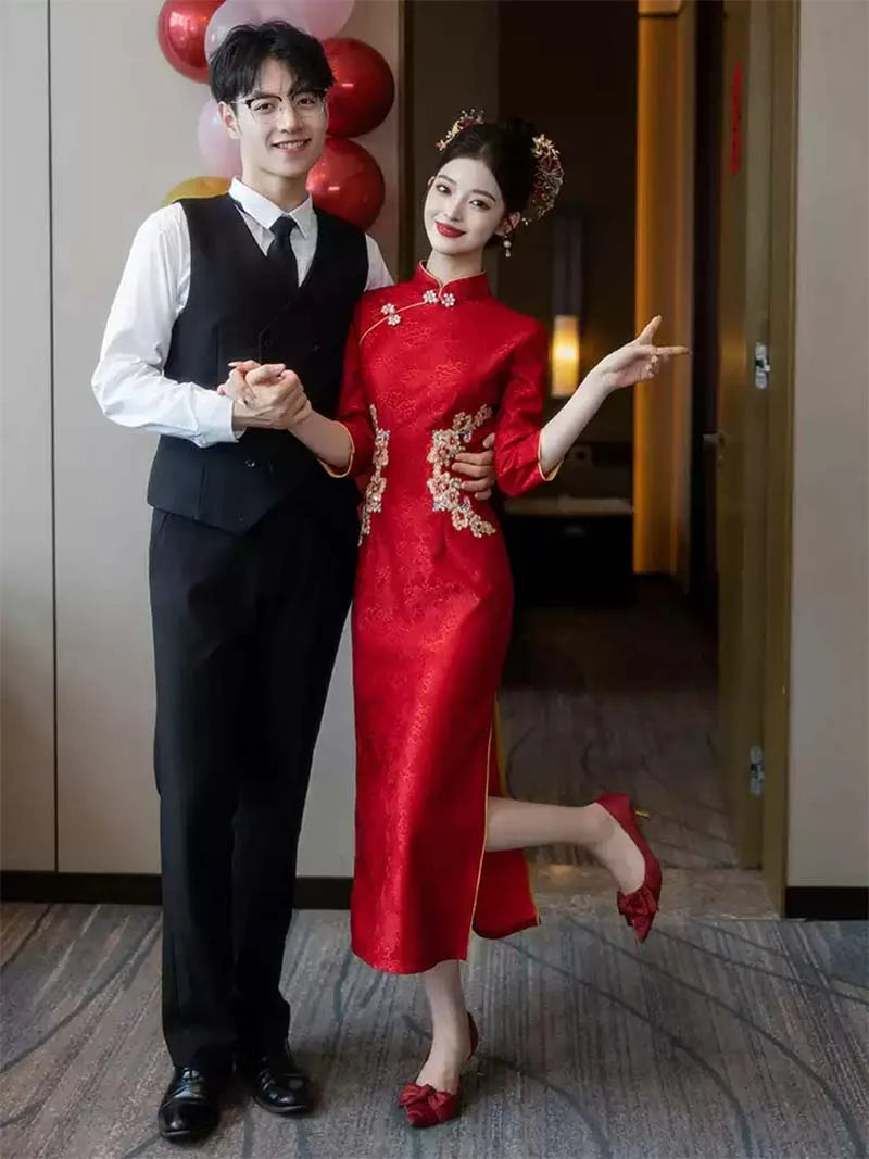 Red Qipao inspired wedding dress, long cheongsam bridal gown for engagement, tea ceremony, and wedding day celebrations in 2025 autumn style