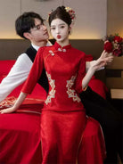 Red Qipao inspired wedding dress, long cheongsam bridal gown for engagement, tea ceremony, and wedding day celebrations in 2025 autumn style