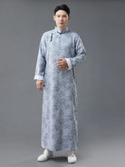 Qipao mens vintage Chinese long robe with printed poly-linen fabric and frog buttons