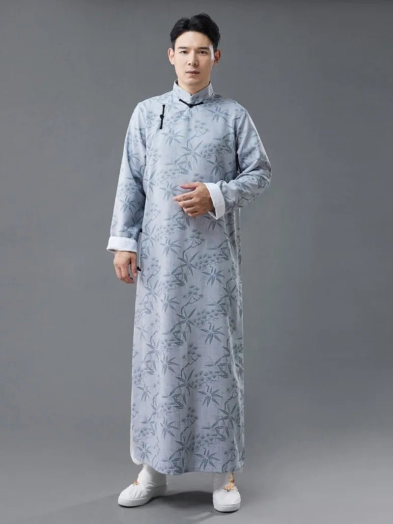 Qipao mens vintage Chinese long robe with printed poly-linen fabric and frog buttons