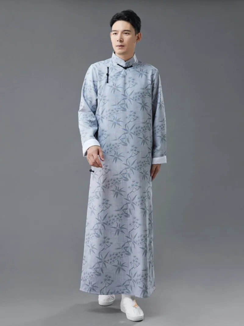 Qipao mens vintage Chinese long robe with printed poly-linen fabric and frog buttons