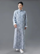 Qipao mens vintage Chinese long robe with printed poly-linen fabric and frog buttons