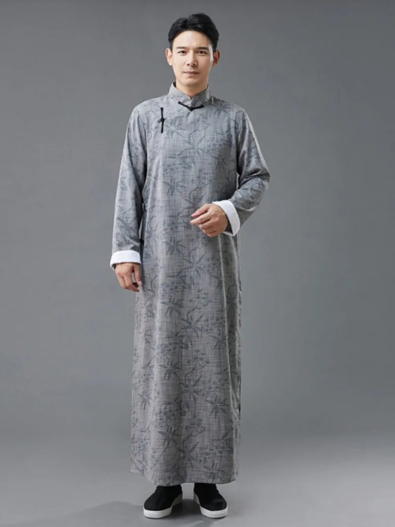 Qipao mens vintage Chinese long robe with printed poly-linen fabric and frog buttons