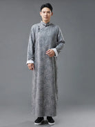 Qipao mens vintage Chinese long robe with printed poly-linen fabric and frog buttons