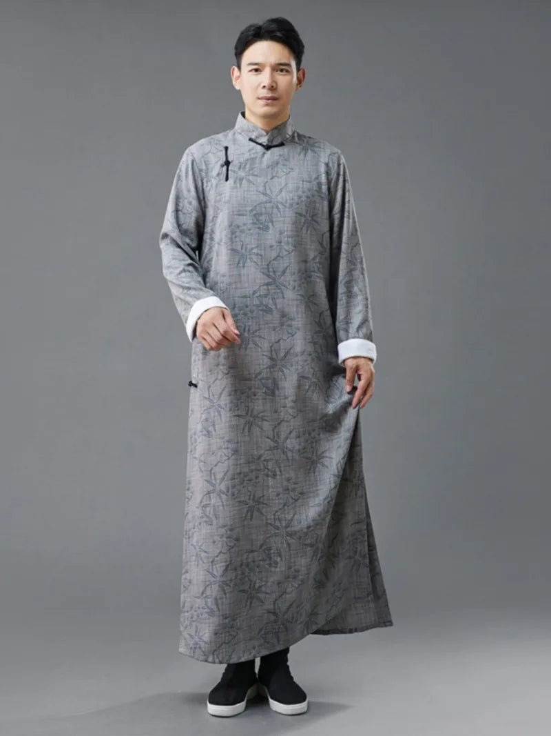 Qipao mens vintage Chinese long robe with printed poly-linen fabric and frog buttons