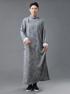Qipao mens vintage Chinese long robe with printed poly-linen fabric and frog buttons