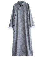 Qipao mens vintage Chinese long robe with printed poly-linen fabric and frog buttons