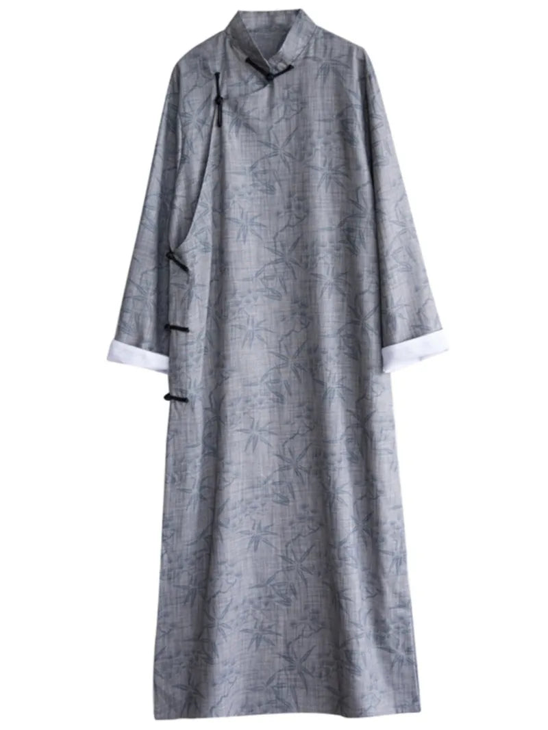 Qipao mens vintage Chinese long robe with printed poly-linen fabric and frog buttons