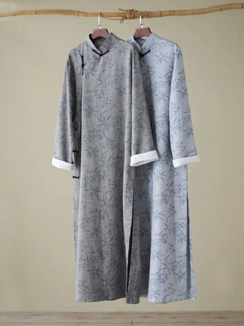 Qipao mens vintage Chinese long robe with printed poly-linen fabric and frog buttons