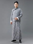 Qipao mens vintage Chinese long robe with printed poly-linen fabric and frog buttons