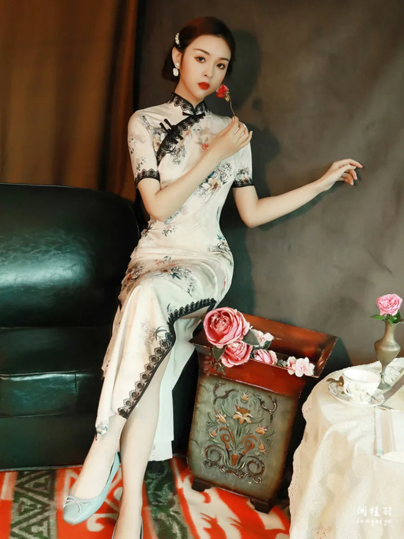 qipao style dress inspired by vintage Shanghai cheongsam with slim fit silhouette