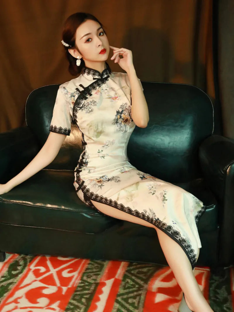 qipao style dress inspired by vintage Shanghai cheongsam with slim fit silhouette