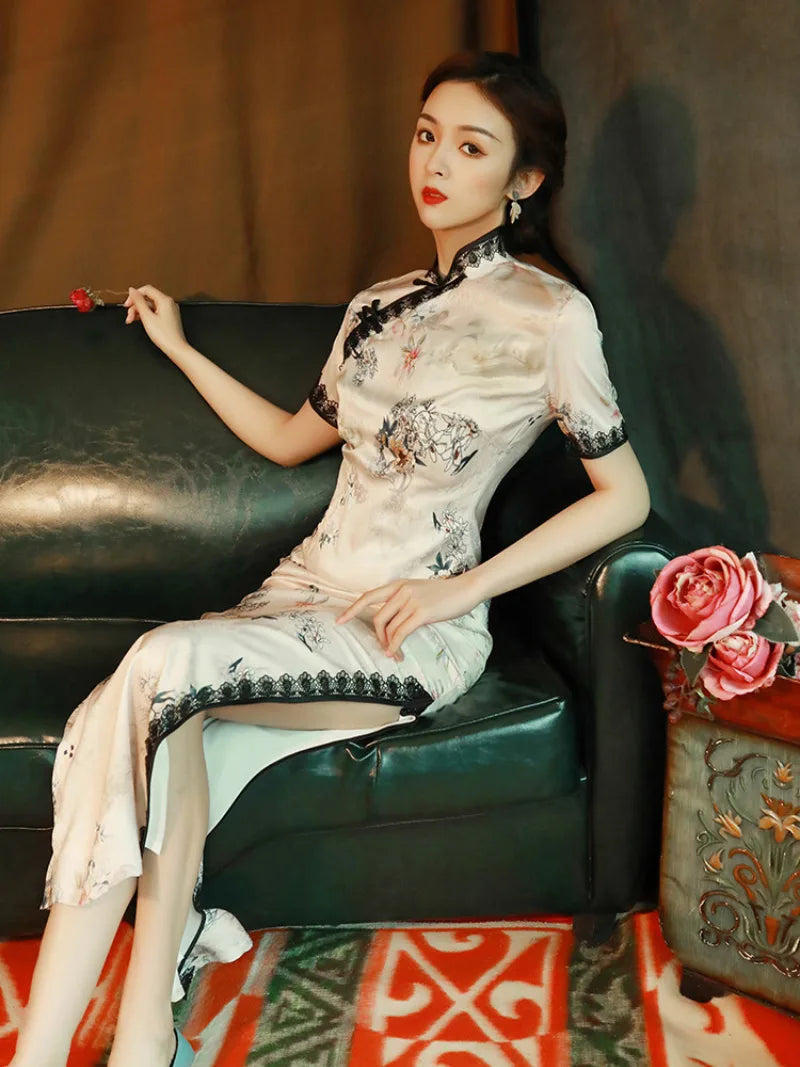 qipao style dress inspired by vintage Shanghai cheongsam with slim fit silhouette