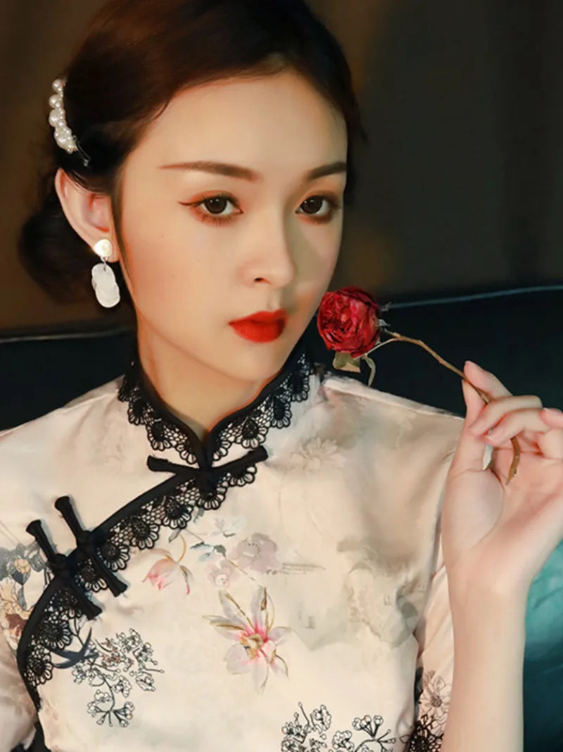 qipao style dress inspired by vintage Shanghai cheongsam with slim fit silhouette