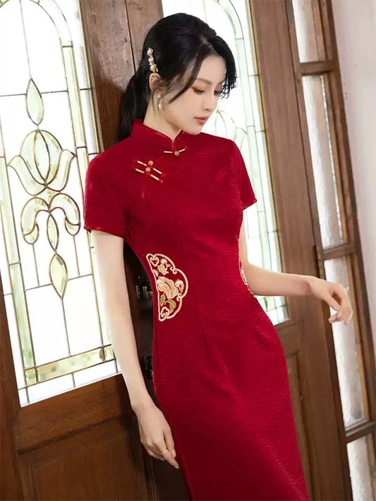 Qipao Wedding Gown | Red Embroidered Chinese Dress for Wedding Banquet