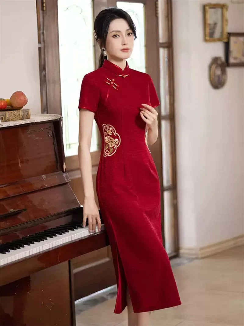 Qipao Wedding Gown | Red Embroidered Chinese Dress for Wedding Banquet