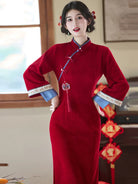Elegant red qipao winter with long sleeves and intricate embroidery for bridal and festive occasions