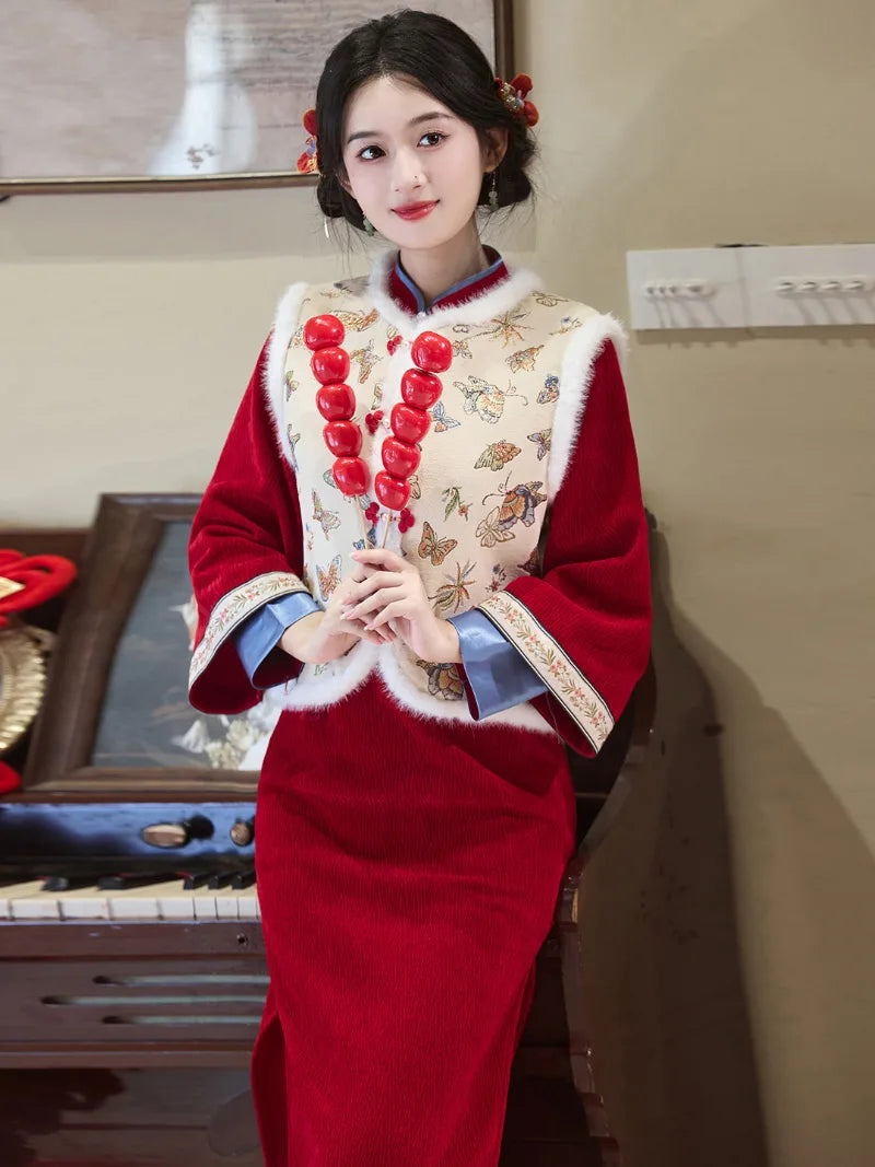 Elegant red qipao winter with long sleeves and intricate embroidery for bridal and festive occasions