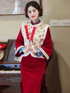 Elegant red qipao winter with long sleeves and intricate embroidery for bridal and festive occasions