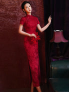 Elegant red cheongsam made from breathable, comfortable fabric. Ideal for summer weddings, Chinese banquets, and celebratory occasions.