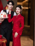 Red chinese cheongsam dress with slim fit red qipao dress