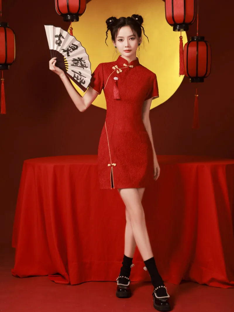 Red chinese dress red qipao dress with modern short cut for engagement and bridal toast