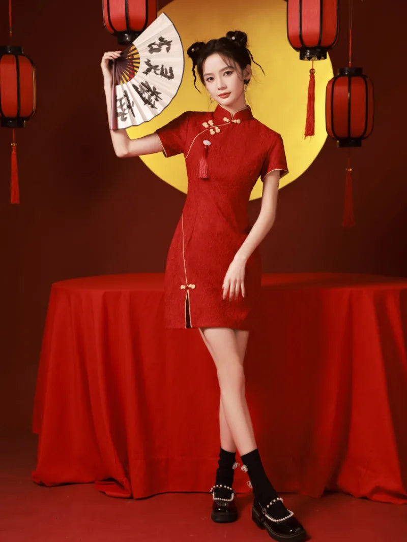 Red chinese dress red qipao dress with modern short cut for engagement and bridal toast