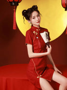 Red chinese dress red qipao dress with modern short cut for engagement and bridal toast