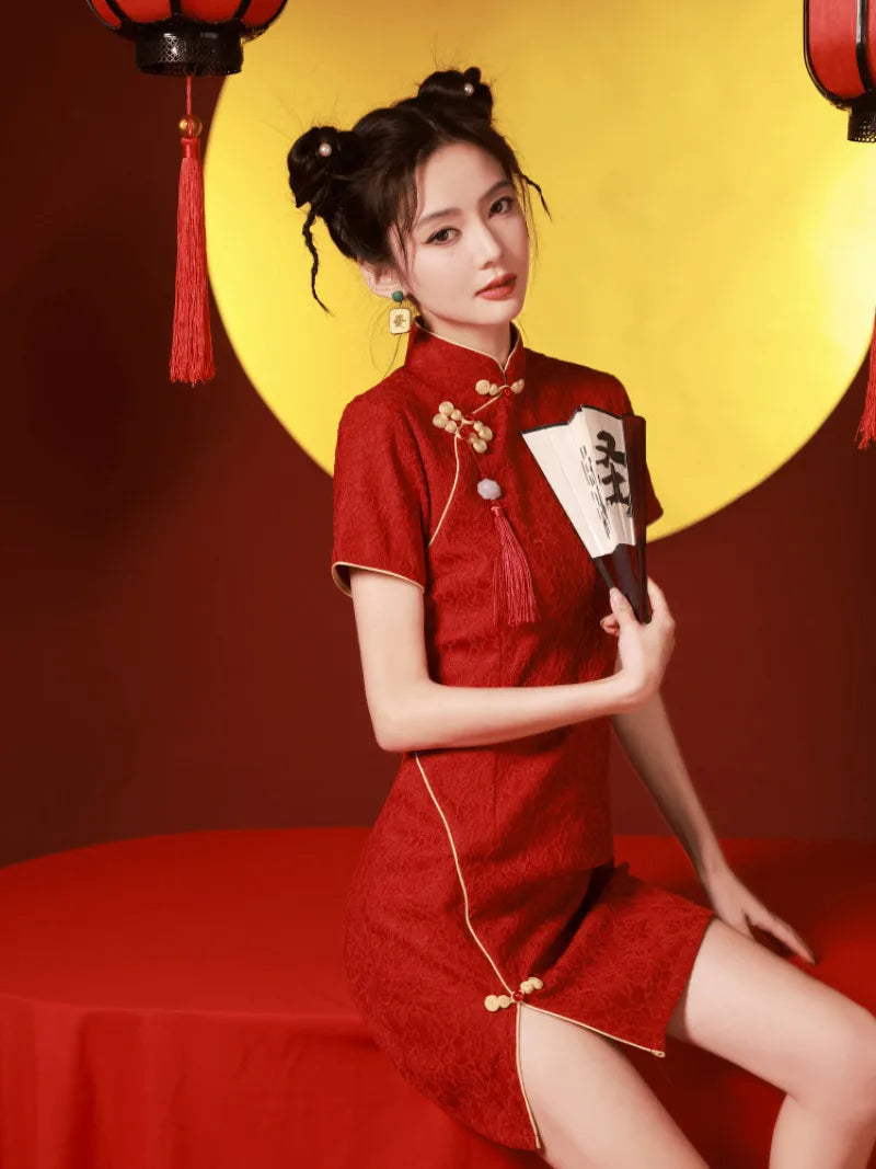 Red chinese dress red qipao dress with modern short cut for engagement and bridal toast