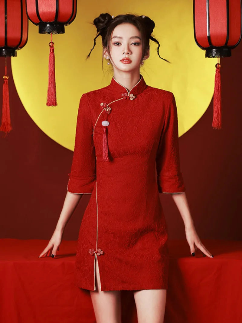 Red chinese qipao with burgundy tone short red qipao dress