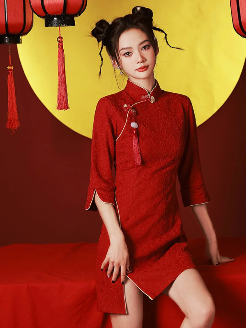 Red chinese qipao with burgundy tone short red qipao dress