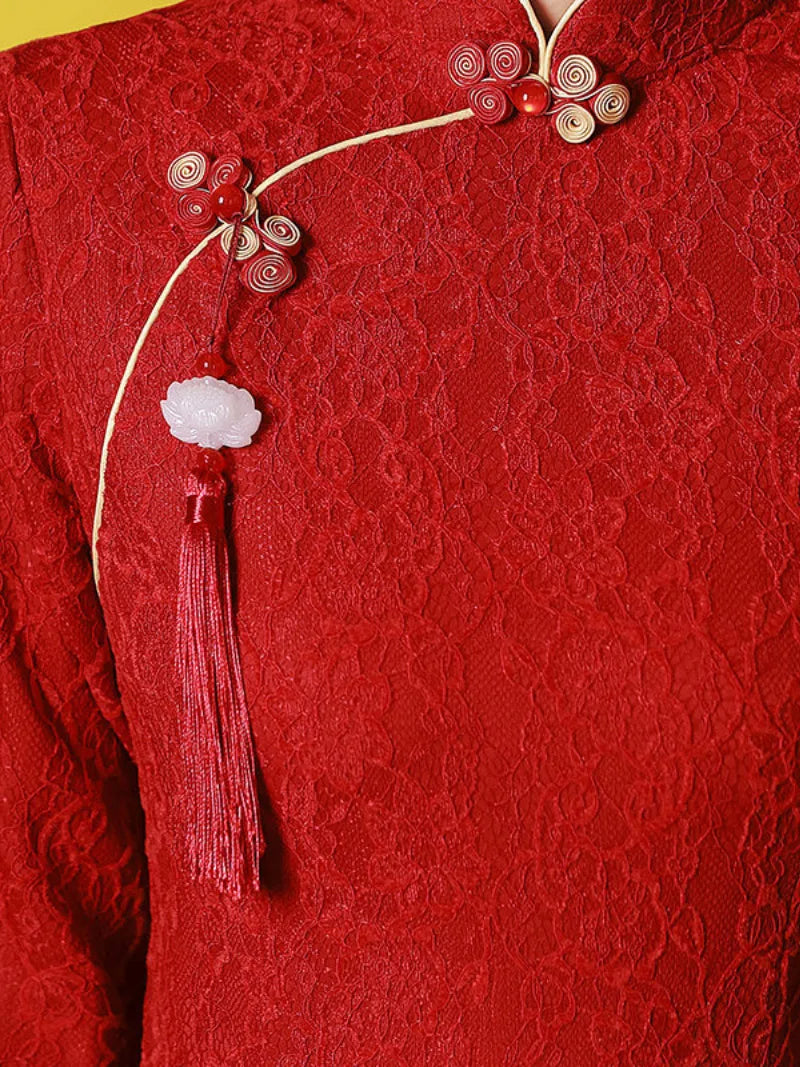 Red chinese qipao with burgundy tone short red qipao dress