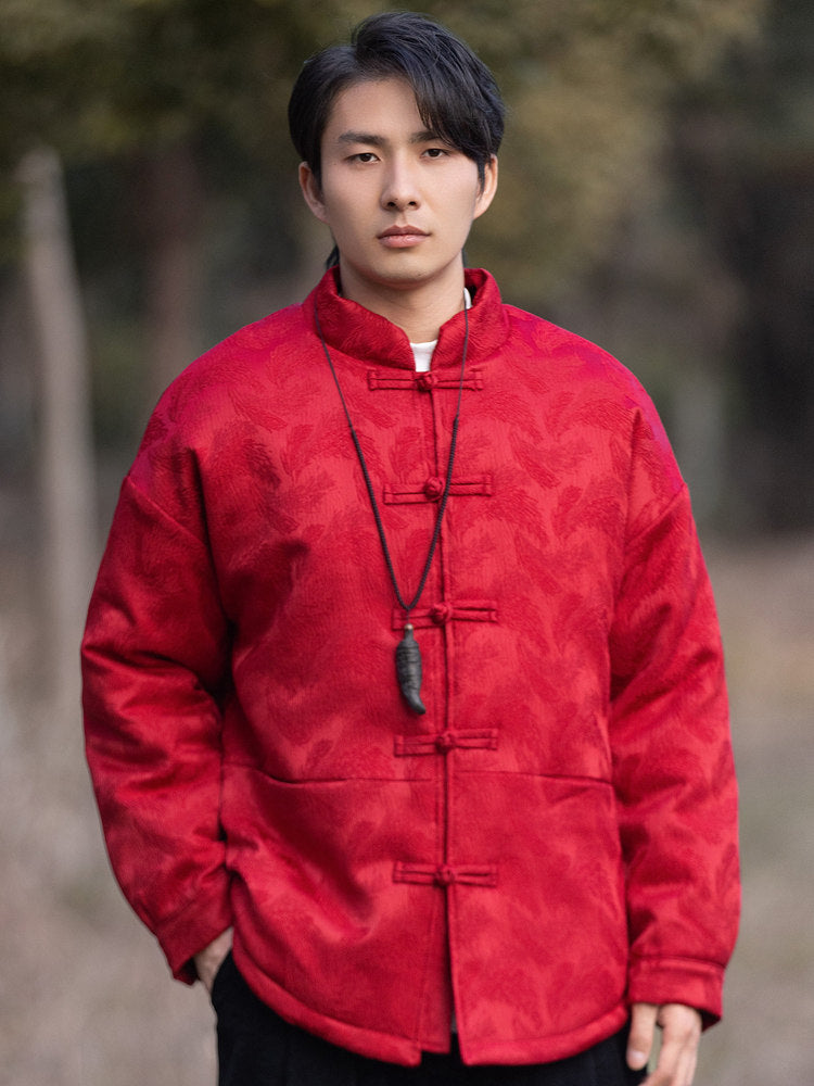 Red Chinese Tang Jacket for Men – Warm Winter Loose Fit Daily Wear