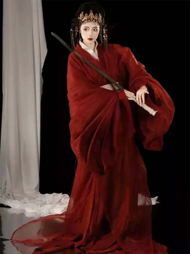 Red Hanfu Warring States robe with flowing long straight hem and cross-collar, elegant Chinese ancient style outfit for women