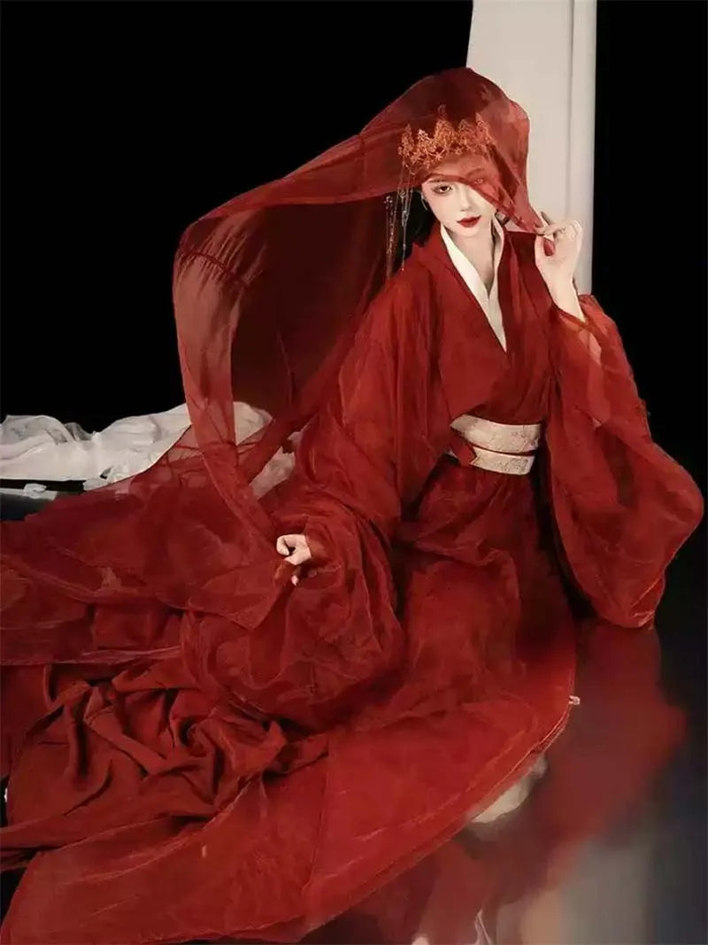 Red Hanfu Warring States robe with flowing long straight hem and cross-collar, elegant Chinese ancient style outfit for women