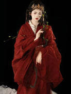 Red Hanfu Warring States robe with flowing long straight hem and cross-collar, elegant Chinese ancient style outfit for women