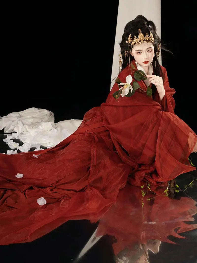 Red Hanfu Warring States robe with flowing long straight hem and cross-collar, elegant Chinese ancient style outfit for women