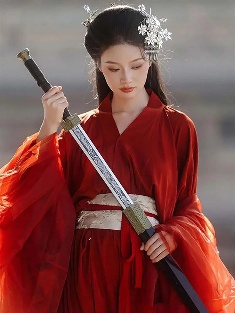 Red Hanfu Warring States robe with flowing long straight hem and cross-collar, elegant Chinese ancient style outfit for women