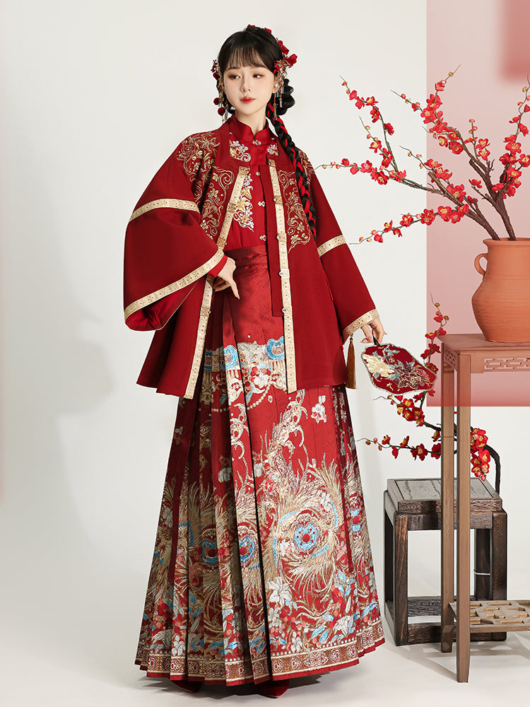 Chinese Red Hanfu Outfit with Phoenix Embroidery & Mamian Skirt