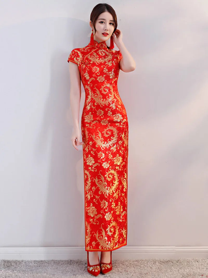 Red qipao dress long Chinese style gown for banquet and formal events