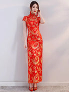 Red qipao dress long Chinese style gown for banquet and formal events
