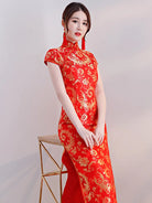 Red qipao dress long Chinese style gown for banquet and formal events