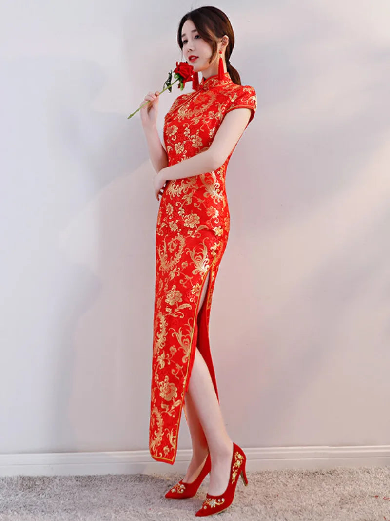 Red qipao dress long Chinese style gown for banquet and formal events