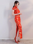 Red qipao dress long Chinese style gown for banquet and formal events
