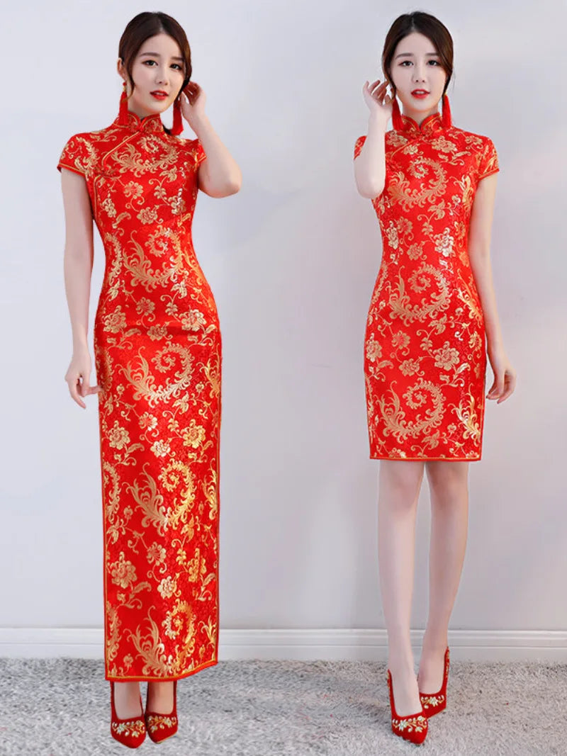 Red qipao dress long Chinese style gown for banquet and formal events