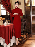 Red qipao for new year with mandarin collar and thick fleece lining for autumn and winter