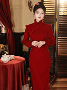 Red qipao for new year with mandarin collar and thick fleece lining for autumn and winter