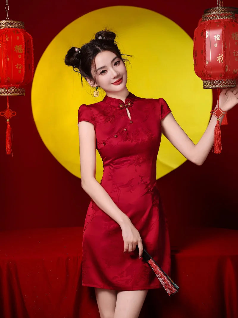 Red qipao modern style short red qipao dress for engagement